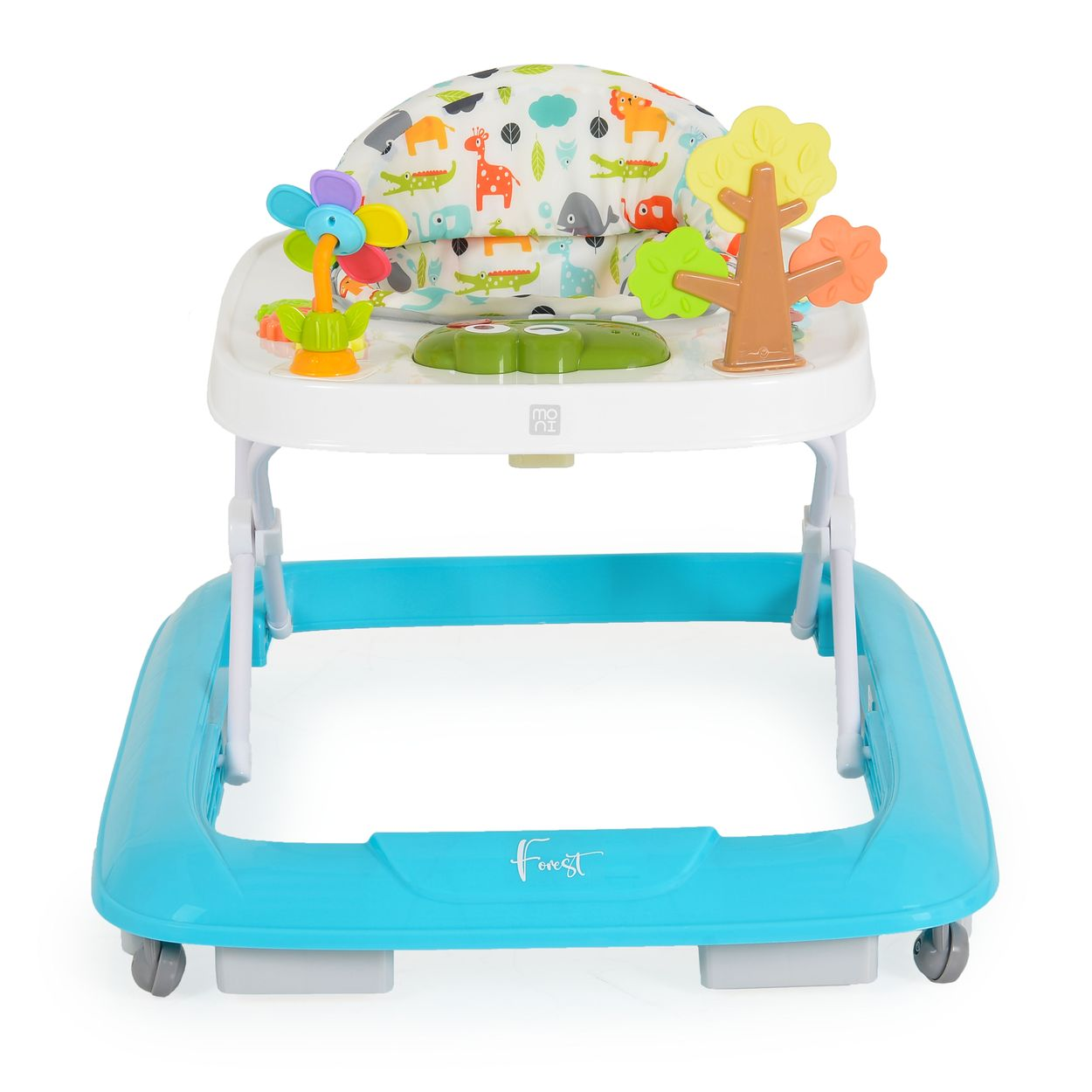 Ein blauer Baby-Lauflernwagen mit Spielzeug wie einem Baum und einer Blume.