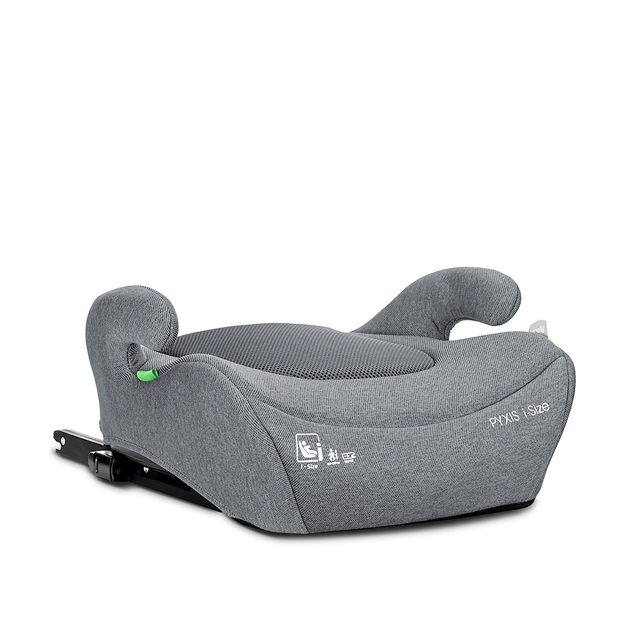 Grauer Kindersitz mit Kopfstütze und Armlehnen auf weißem Hintergrund.