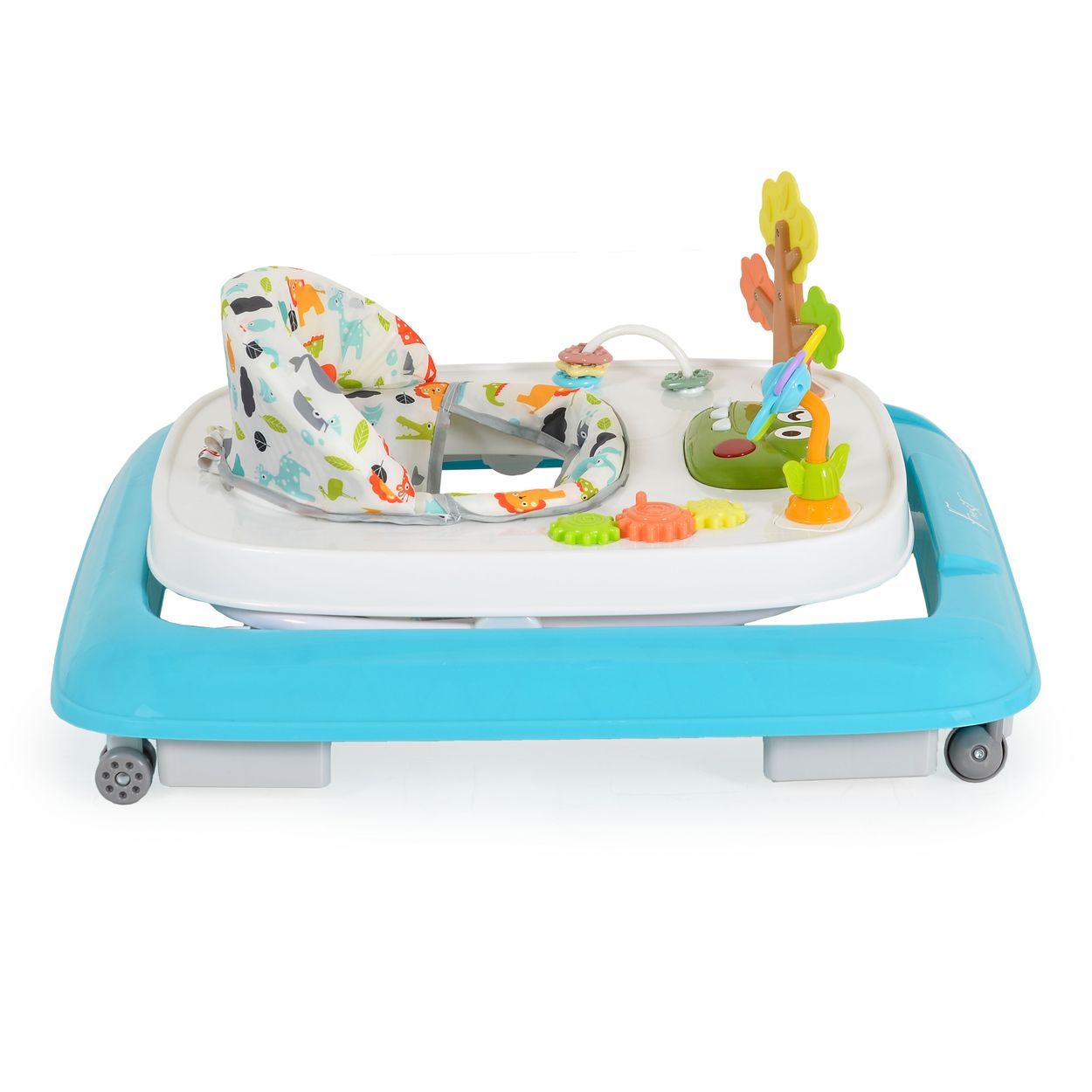 Blauer Baby-Gehwagen mit Spielzeug und Tierdruck.