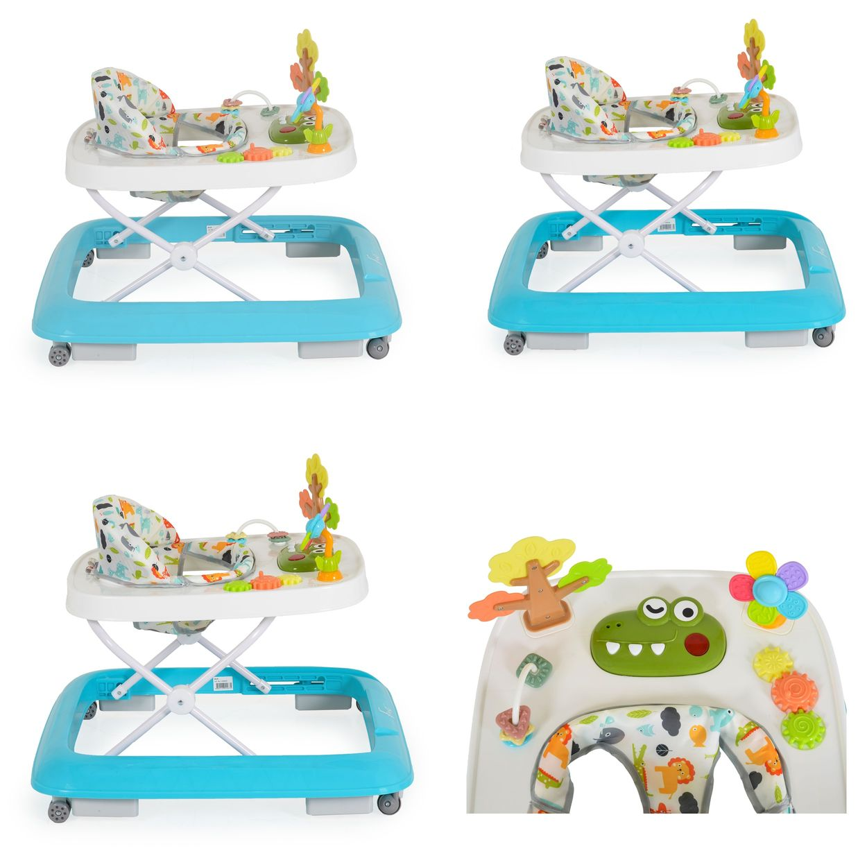 Ein blauer Baby-Gehwagen mit Spielzeug und einem Sitz mit Tiermotiv.