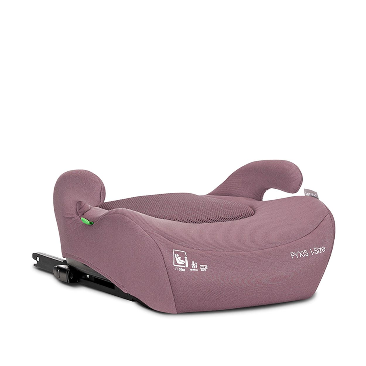 Ein rosafarbener Kindersitz mit Armlehnen und einem Netzpolster.