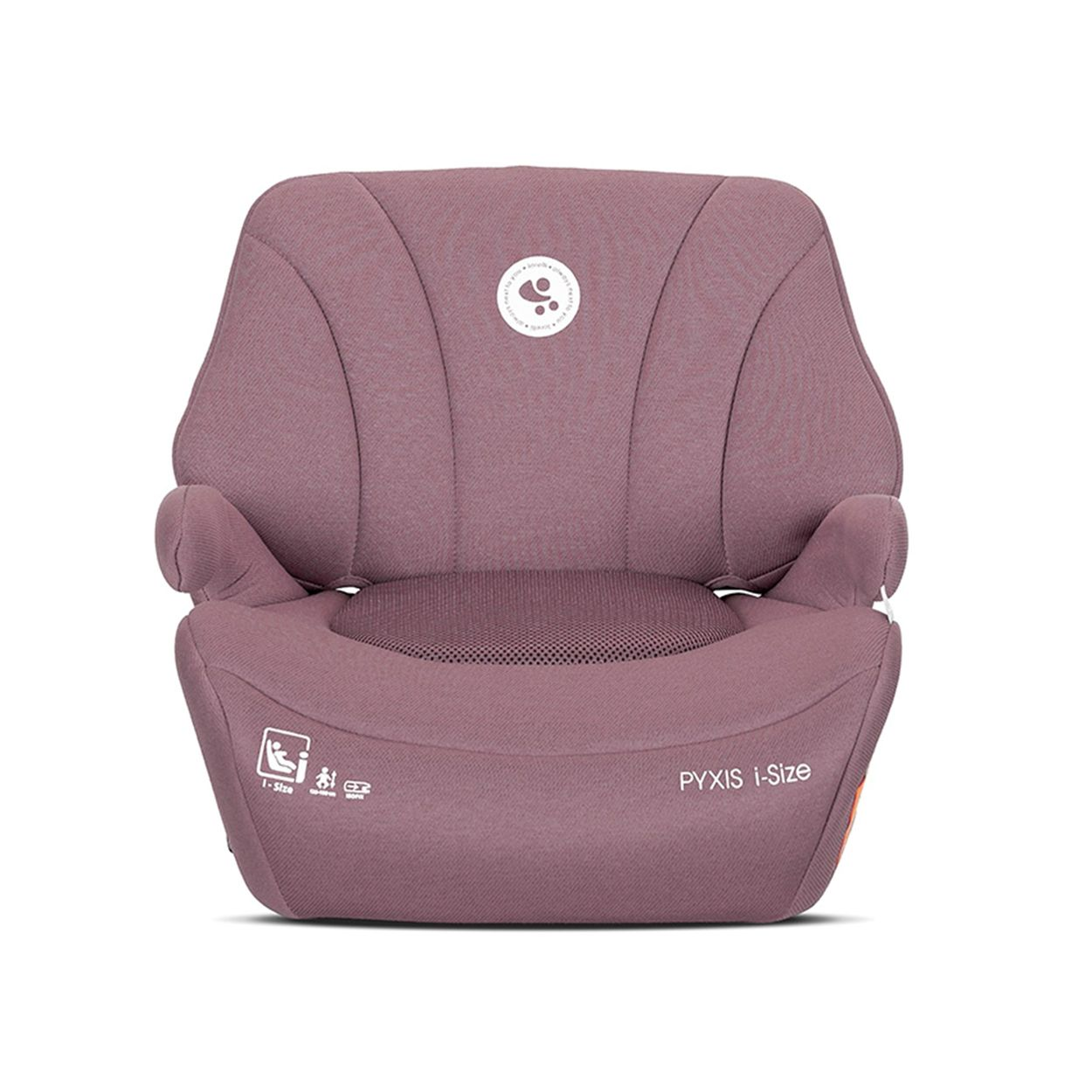 Ein rosafarbener Kindersitz mit seitlichen Stützen und Aufdrucken.