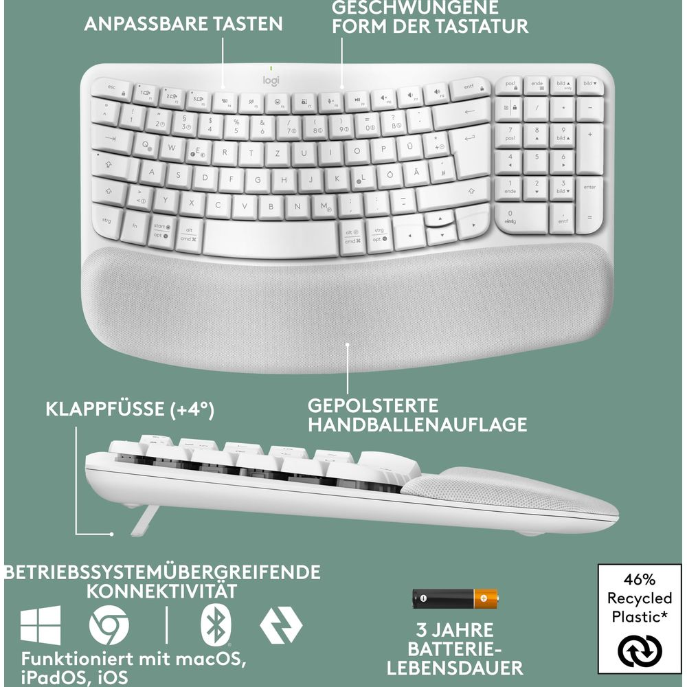 Biała klawiatura o ergonomicznym kształcie, z podparciem nadgarstków i regulowanymi nóżkami.