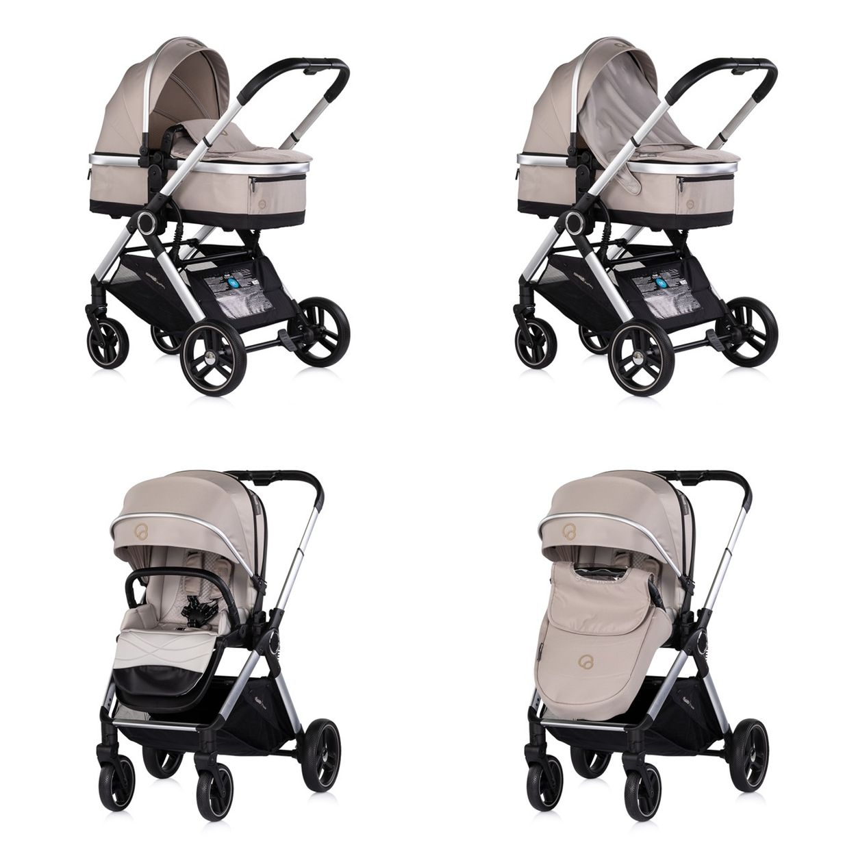 Ein beiger Kinderwagen mit silbernem Rahmen und schwarzen Rädern.