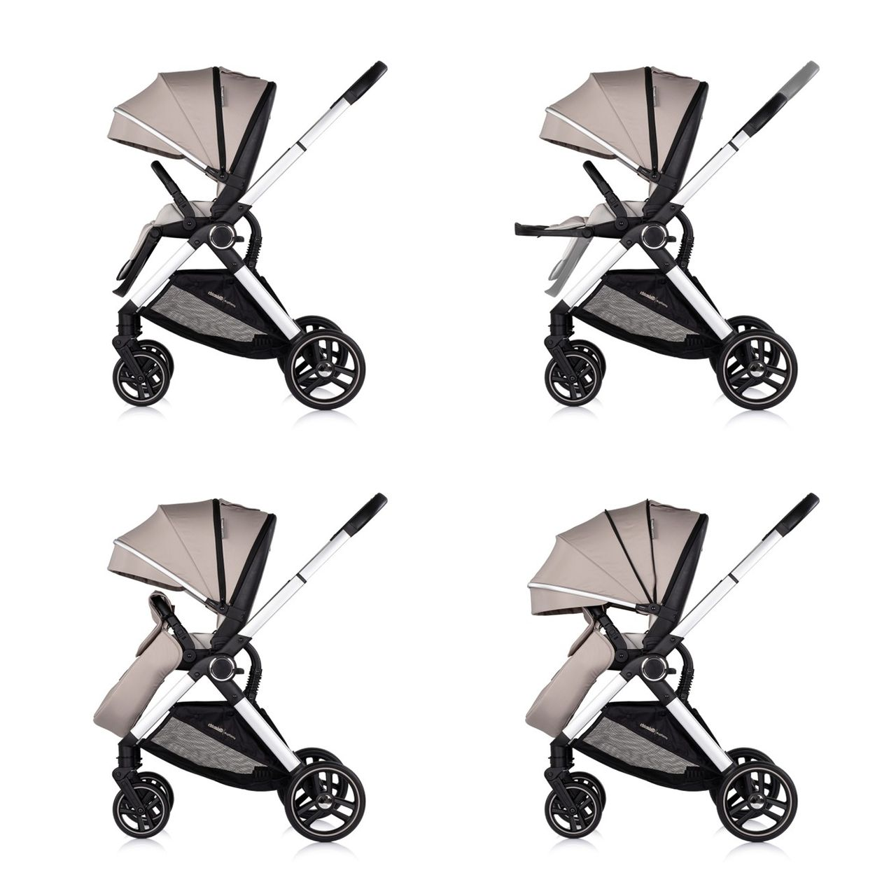 Vier Ansichten eines beige-schwarzen Kinderwagens auf weißem Grund. Verschiedene Winkel.