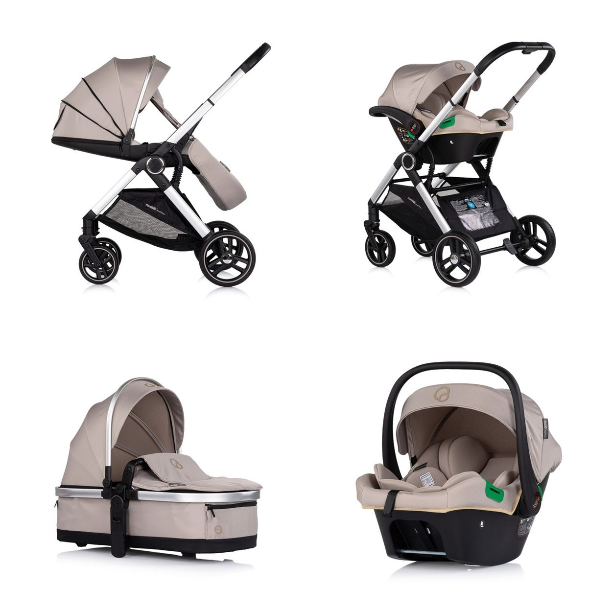 Beiger Kinderwagenaufsatz, Babywanne und Autositz auf weißem Hintergrund.