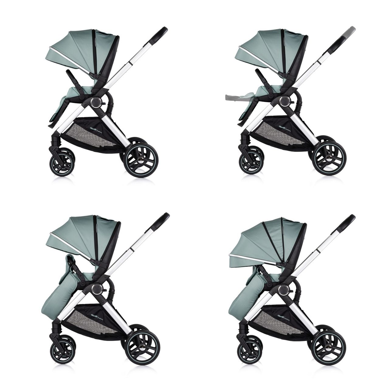 Ein moderner, mintgrüner Kinderwagen mit schwarzem Gestell und Rädern.