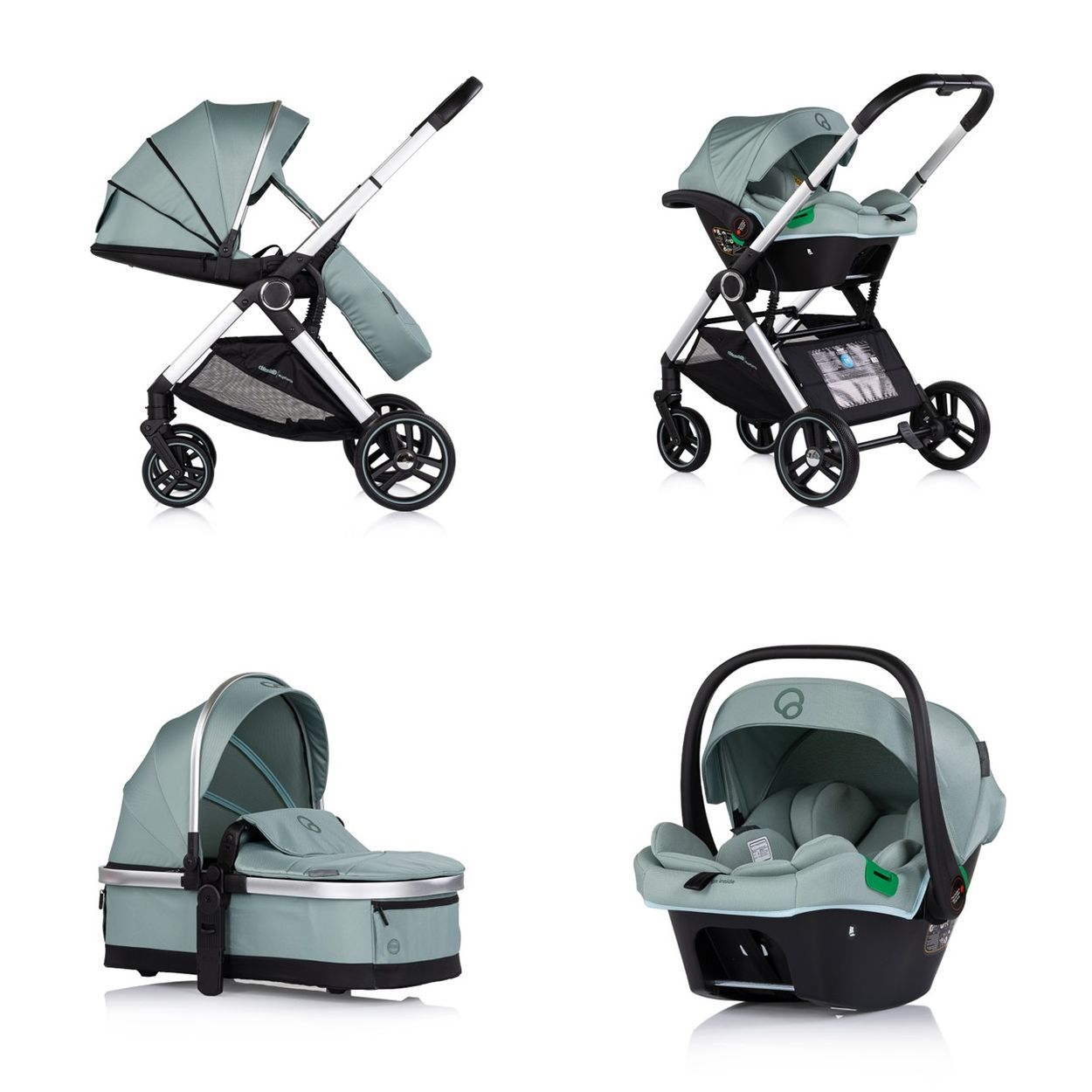 Vier Ansichten eines mintgrünen Kinderwagens und Zubehörs auf weißem Hintergrund.