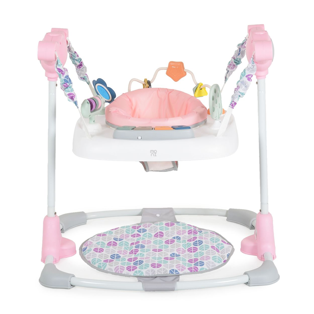 Ein rosa Baby-Spielcenter mit Spielzeug und einer Sitzschale, auf weißem Hintergrund.