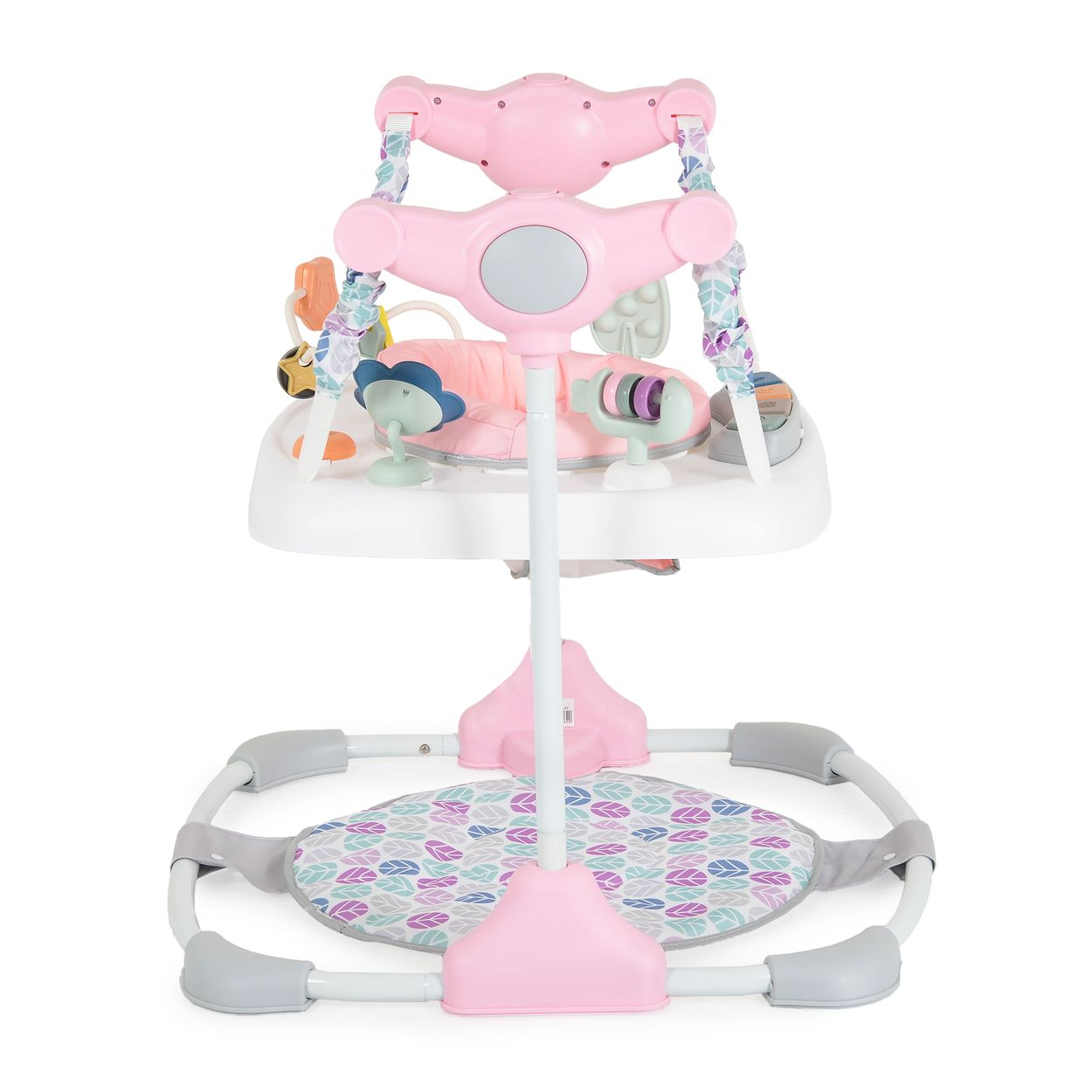 Ein rosa Baby-Jumper mit Spielzeug und einer gepolsterten Sitzfläche.