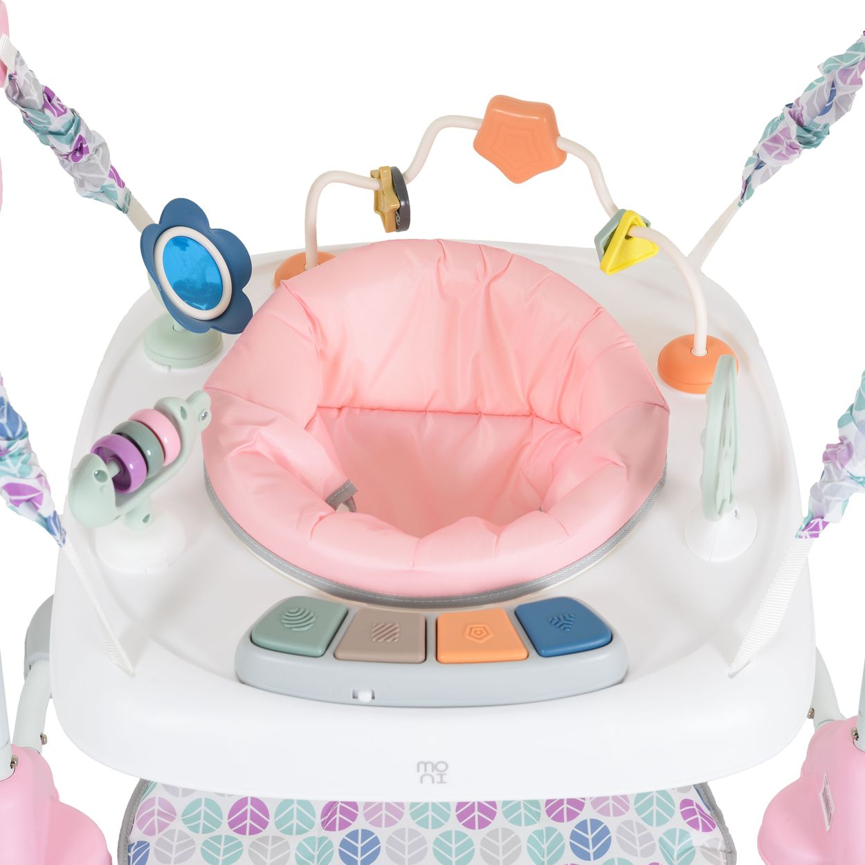Ein rosa Baby-Spielcenter mit bunten Spielzeugen, Knöpfen und einer Sitzschale.