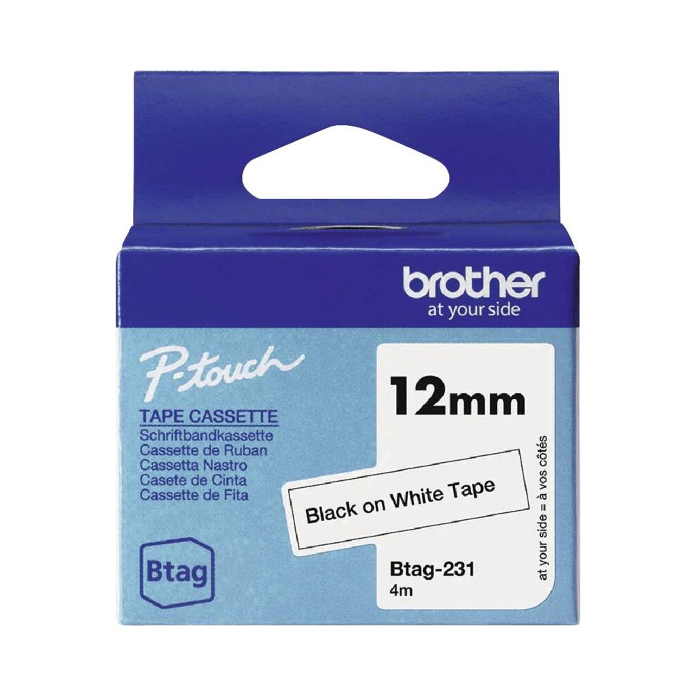 Kasetta taśmy Brother P-Touch 12mm, czarna na białej, model Btag-231.
