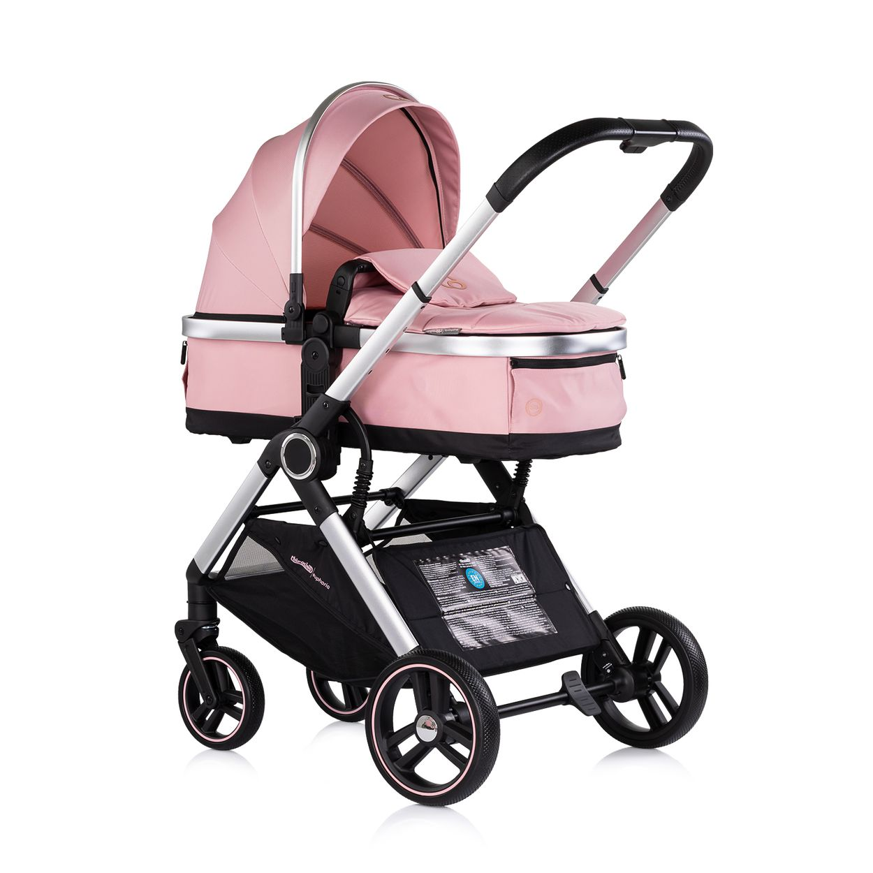 Ein rosafarbener Kinderwagen mit silbernem Gestell und schwarzen Rädern.