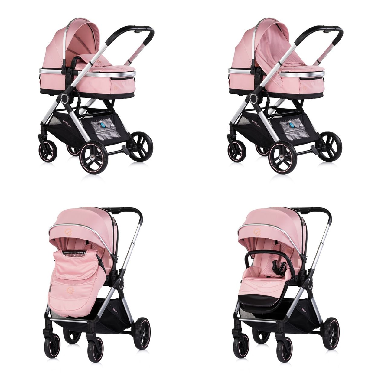 Vier rosa Kinderwagen mit silbernem Gestell und schwarzen Rädern auf weißem Hintergrund.