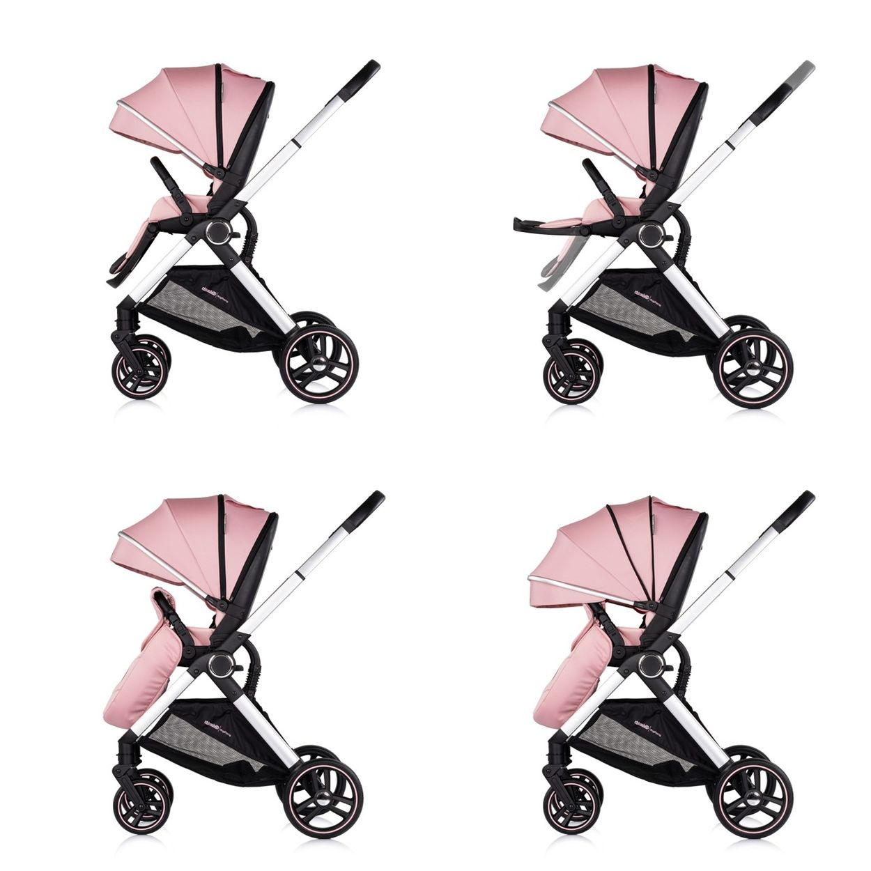 Ein rosa Kinderwagen mit schwarzem Gestell und Rädern auf weißem Hintergrund.