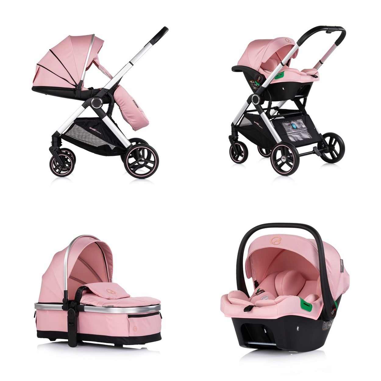 Vier rosa Kinderwagen-Komponenten: Buggy, Autositz mit Gestell, Babywanne und Babyschale.