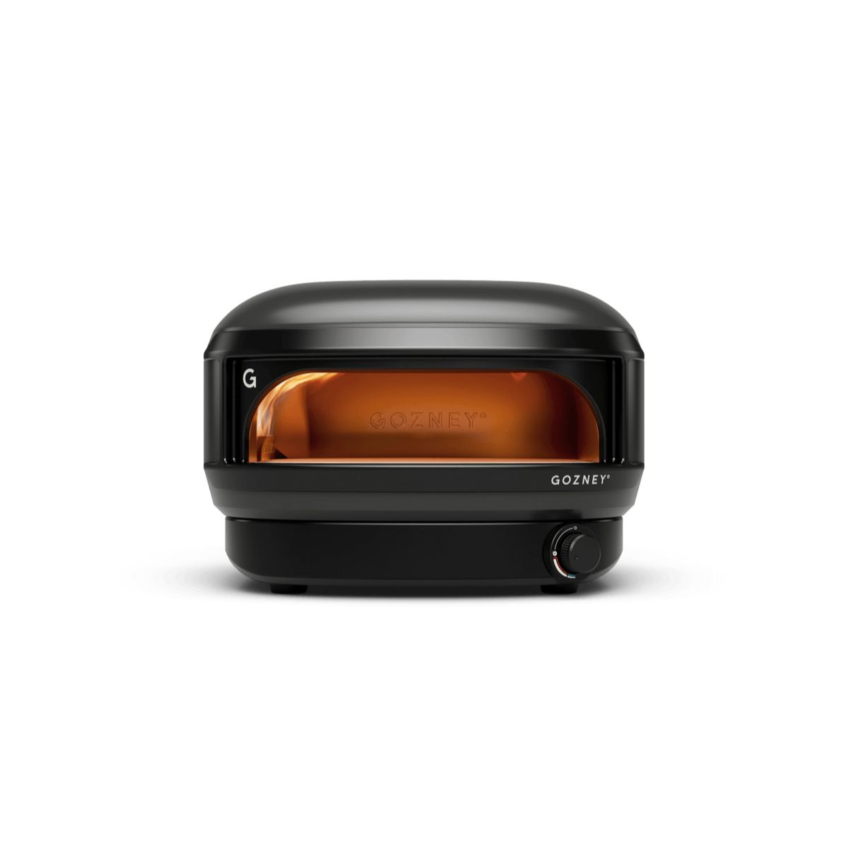 Ein schwarzer Gozney Pizzaofen mit einem orangefarbenen Inneren und einem Drehknopf.