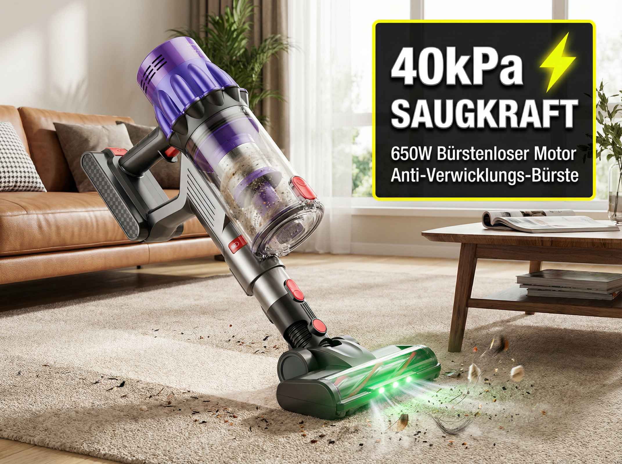 Ein kabelloser Staubsauger reinigt einen Teppichboden in einem Wohnzimmer.