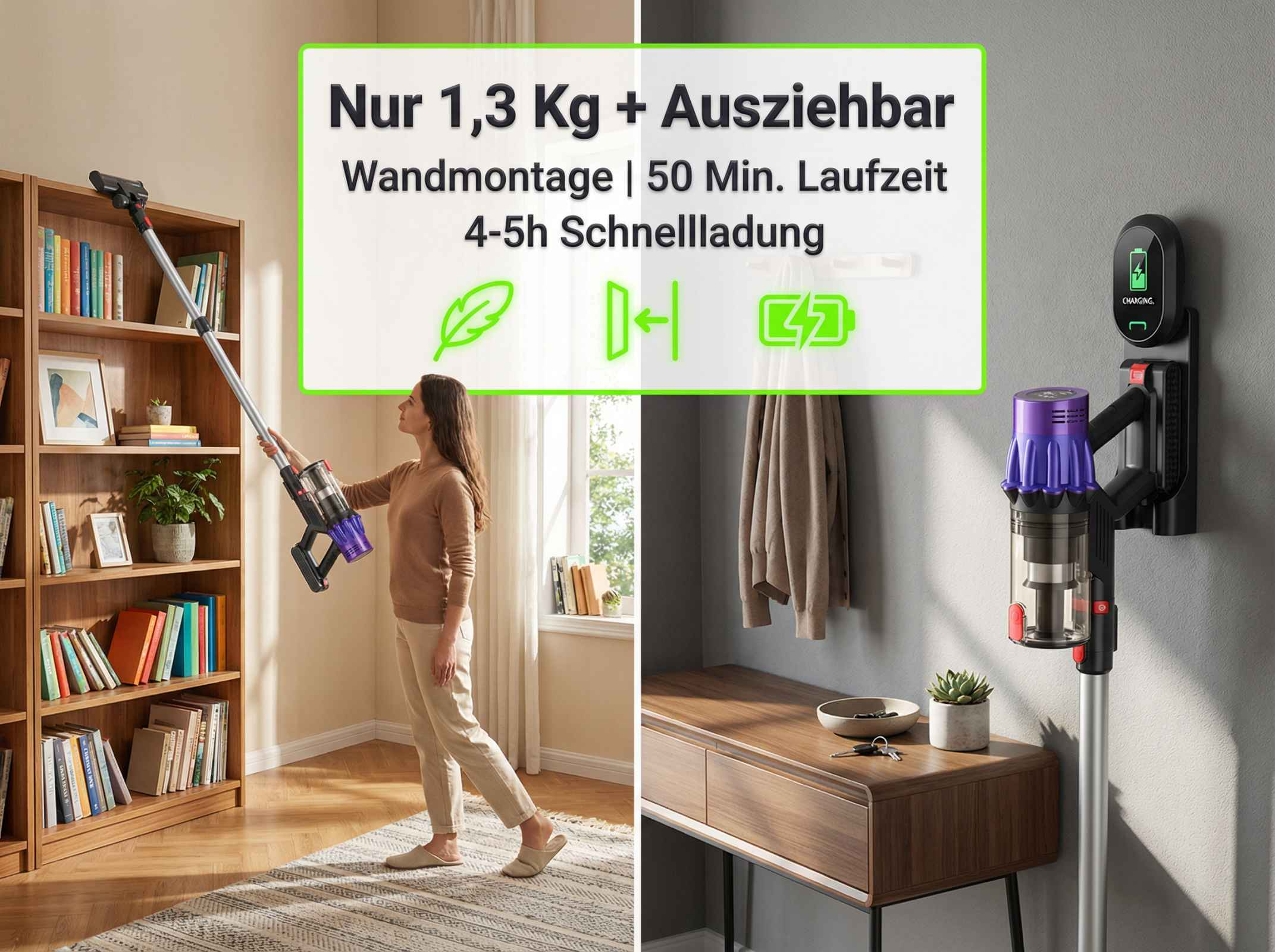 Ein Staubsauger wird in der Nähe eines Bücherregals und eine Ladestation an der Wand gezeigt.