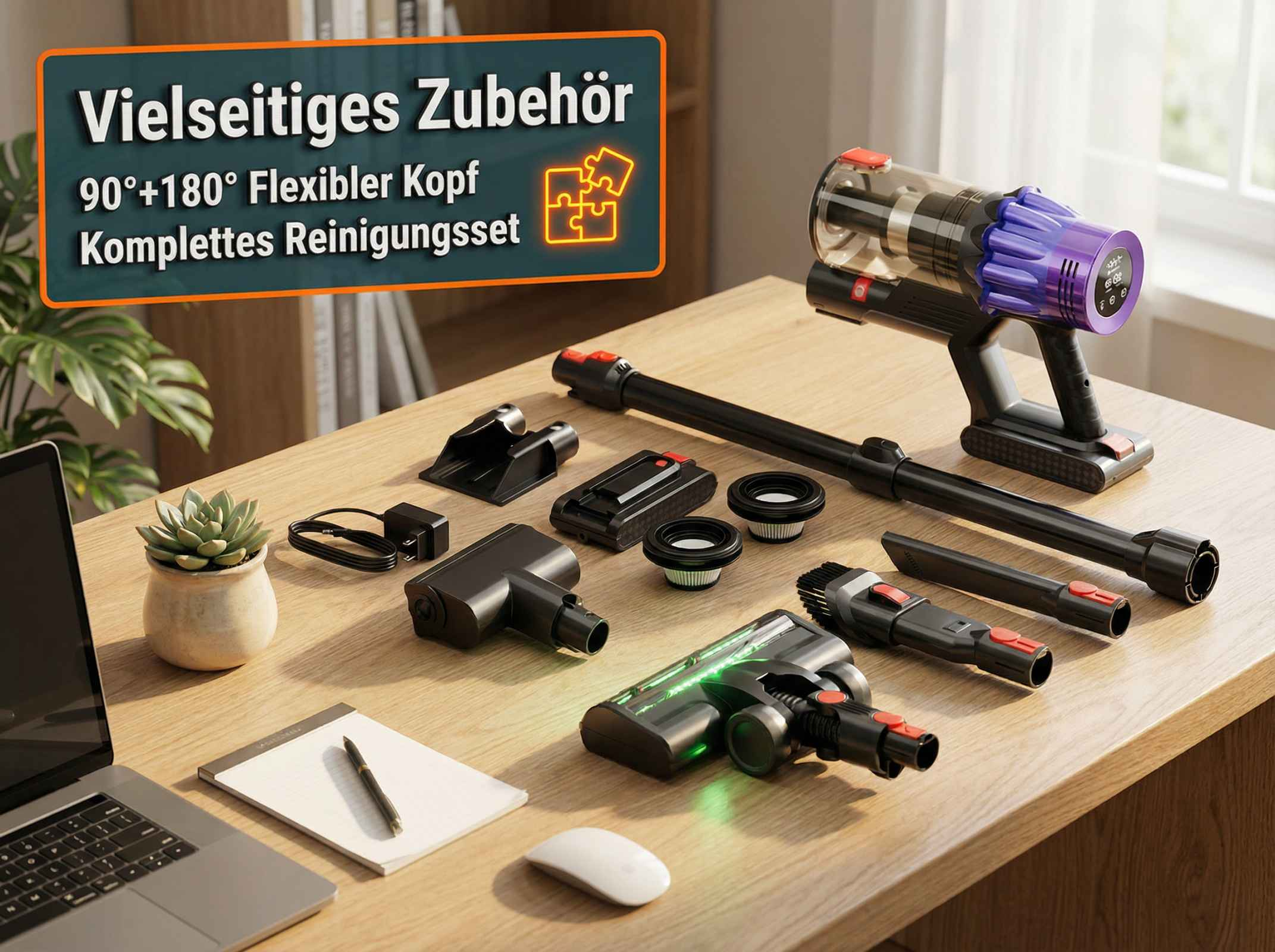 Ein Akku-Staubsauger mit Zubehör und Laptop auf einem Holztisch.