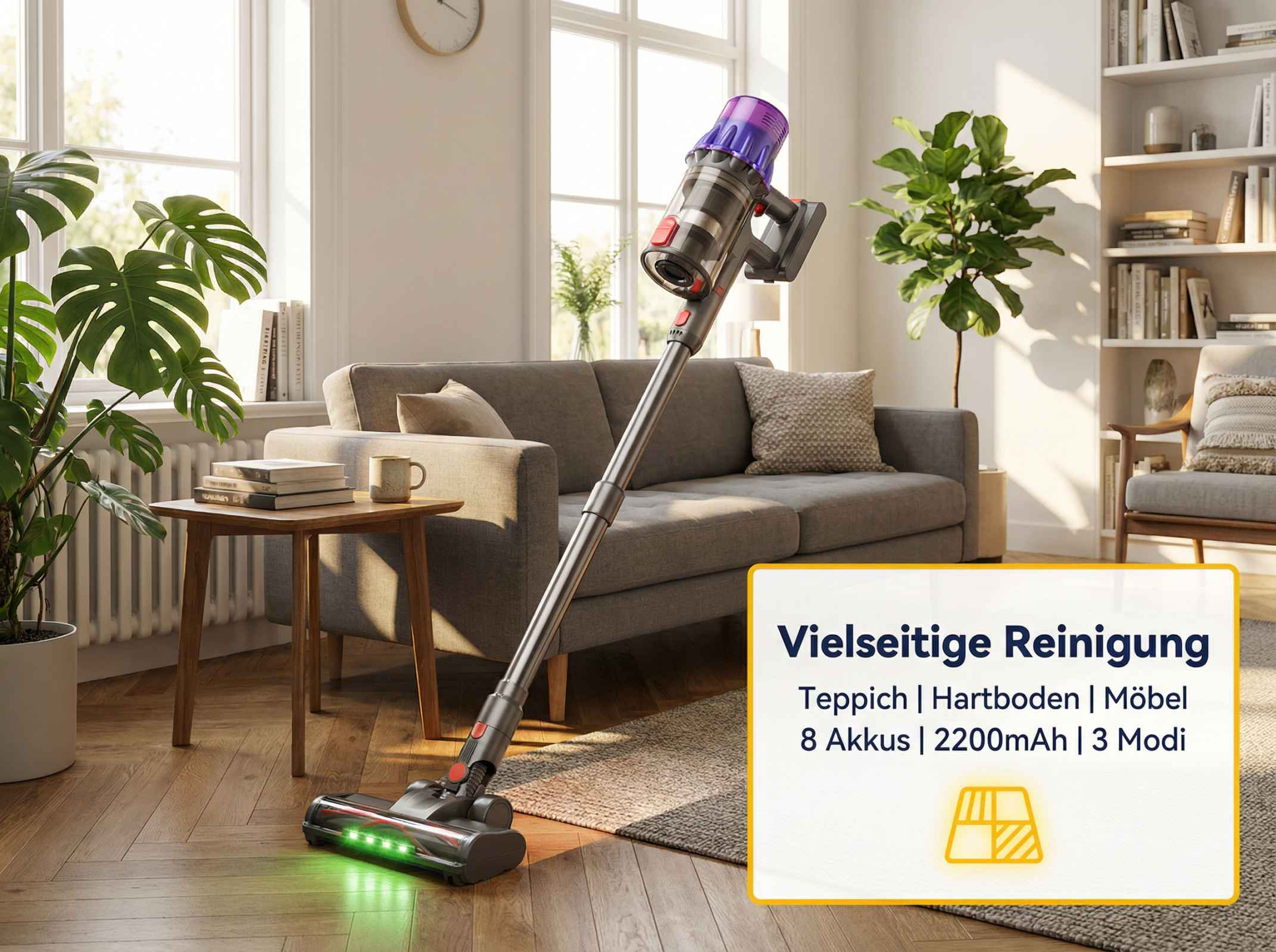 Ein kabelloser Staubsauger steht im Wohnzimmer neben einem Sofa.