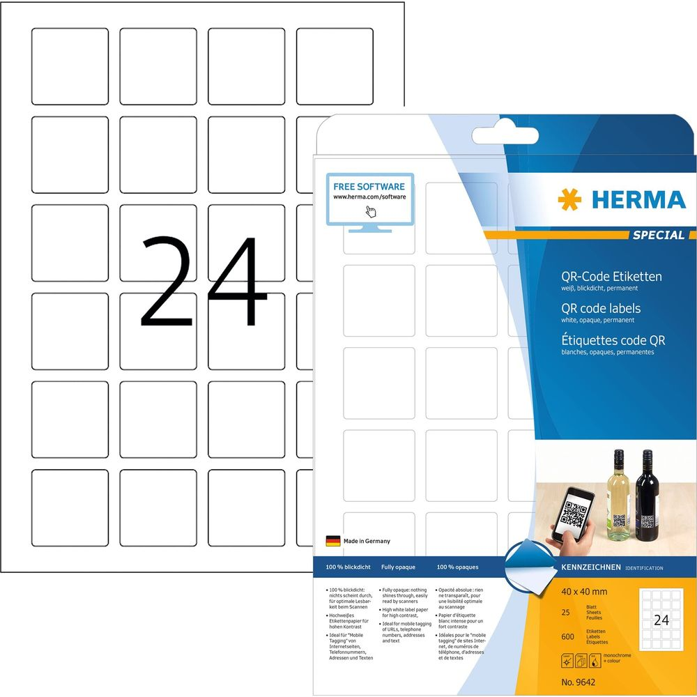 Verpackung mit weißen QR-Code-Etiketten, 24 Stück, 40x40mm, Made in Germany.