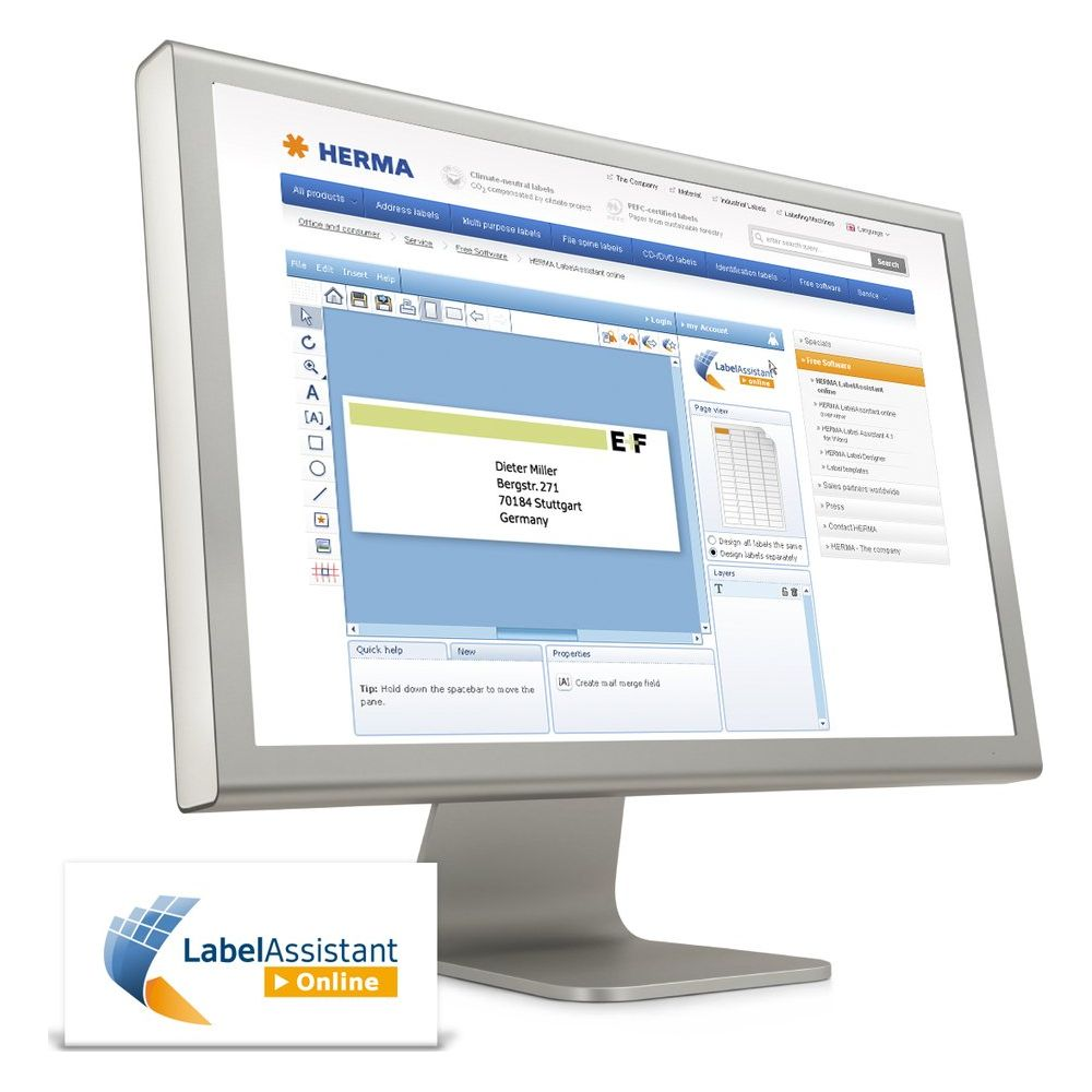 Ein Computerbildschirm zeigt die LabelAssistant-Software mit einer Adresskarte.
