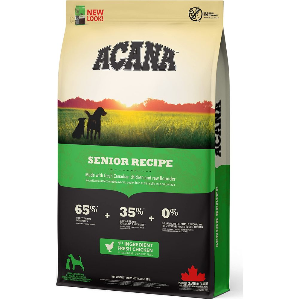 Torba z karmą dla psów Acana Senior Recipe z psami o zachodzie słońca.