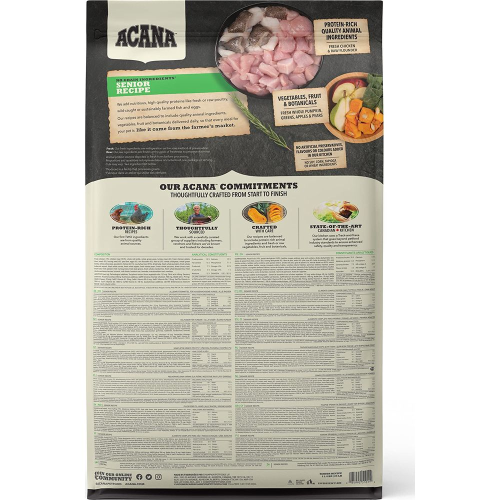 Opakowanie karmy dla psów ACANA Senior Recipe z surowym mięsem i warzywami.