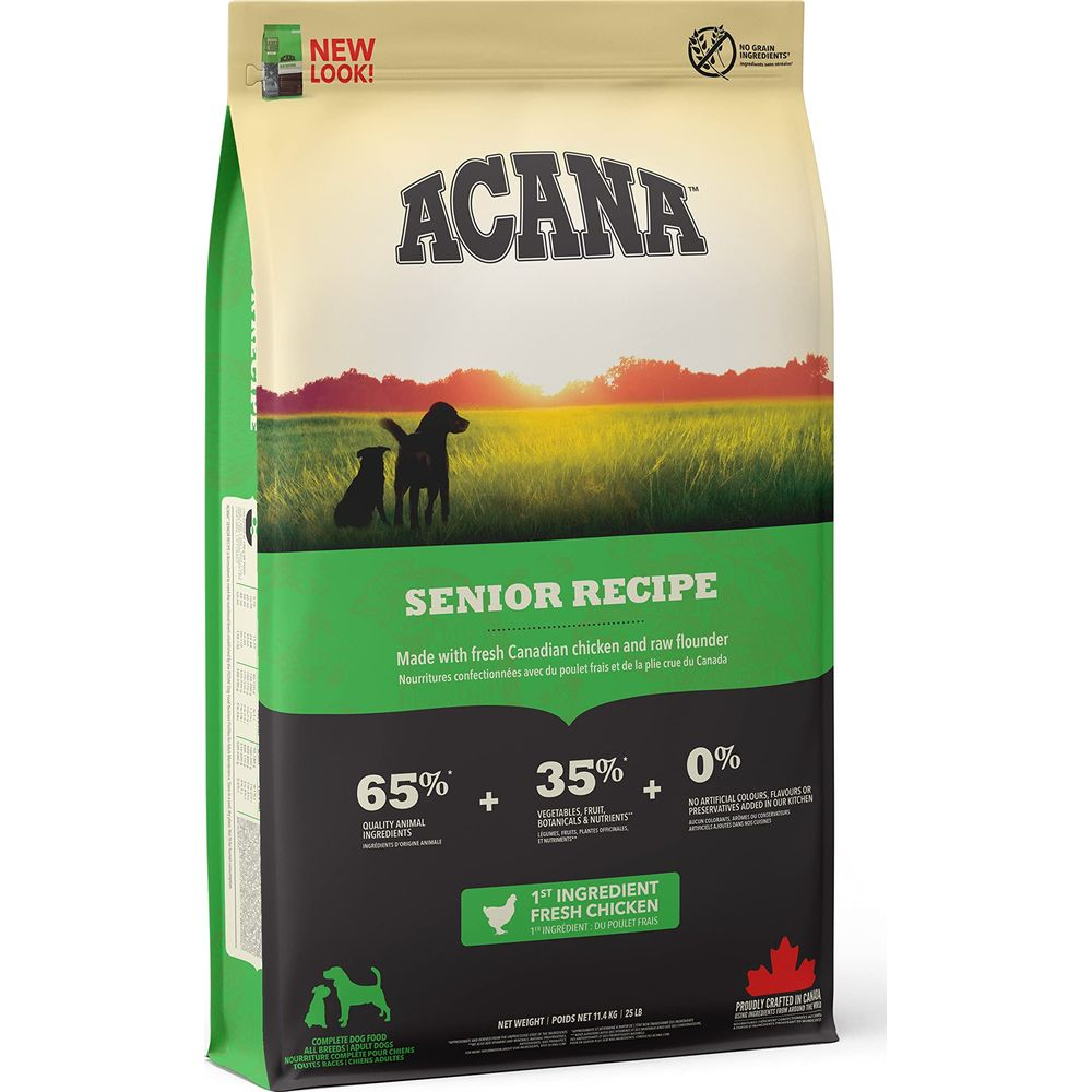 Torba karmy dla psów ACANA Senior Recipe z kurczakiem i flądrą.