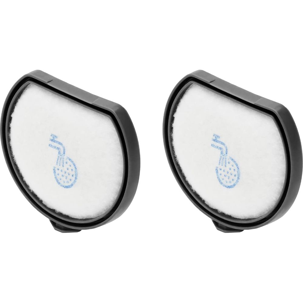 Deux filtres blancs avec symbole bleu sur cadre noir, isolés.