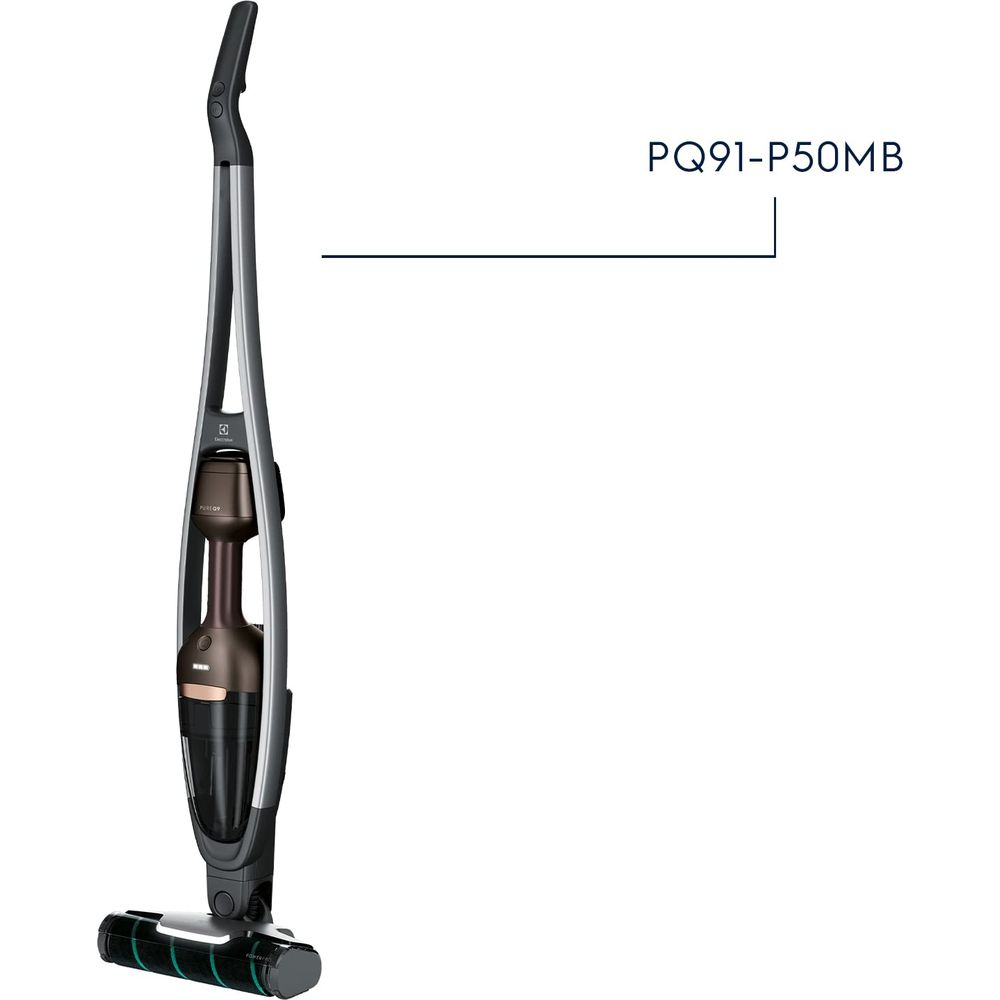 Un aspirateur sans fil gris et bronze sur fond blanc.