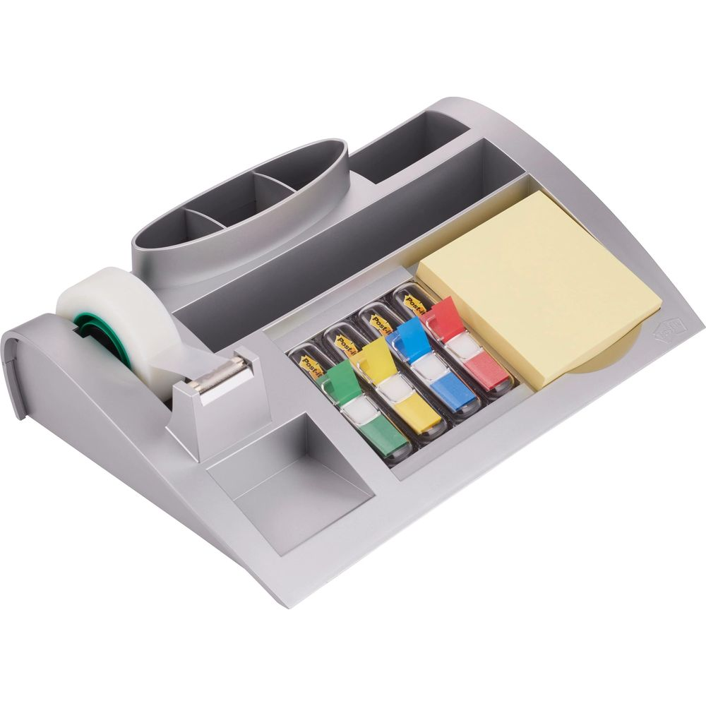 Un organizer da scrivania argentato con dispenser di nastro, note adesive e pennarelli.
