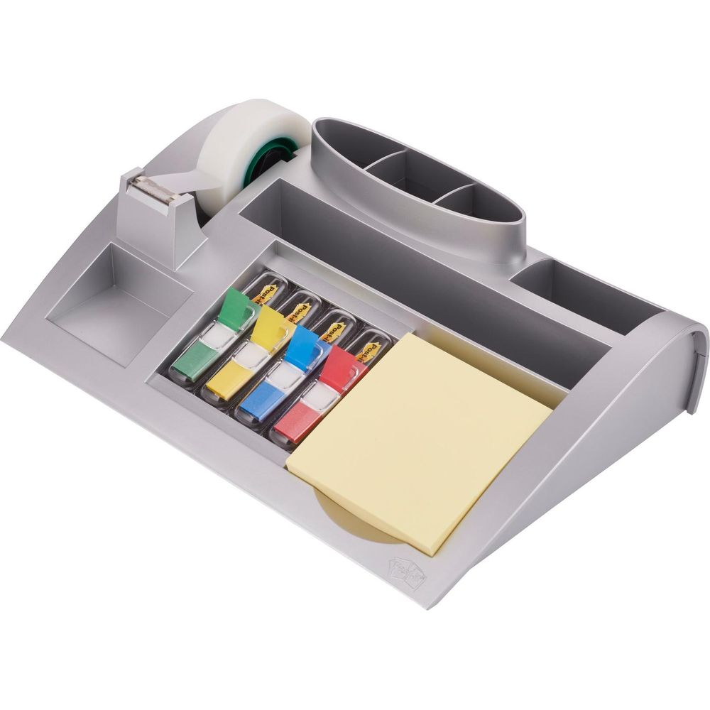 Un organizer da scrivania argentato con nastro adesivo, post-it e segnalini colorati.