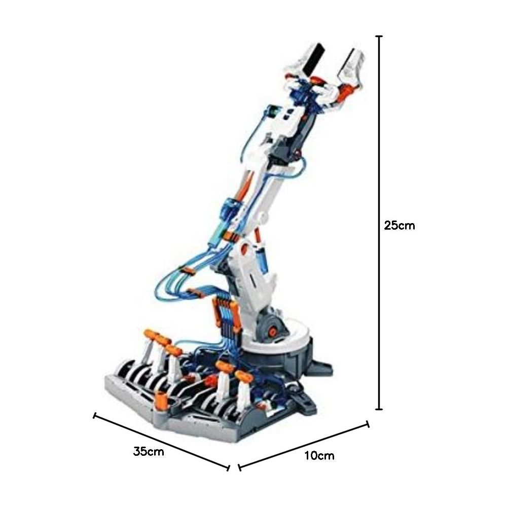 Białe i niebieskie ramię robota z pomarańczowymi akcentami na szarej podstawie.