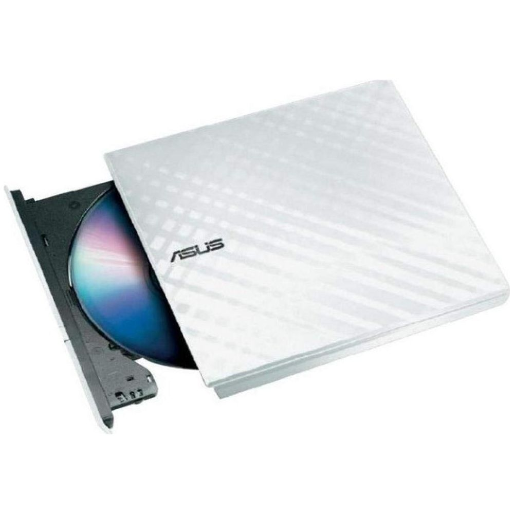 Takılı diskli beyaz harici ASUS CD/DVD sürücüsü.