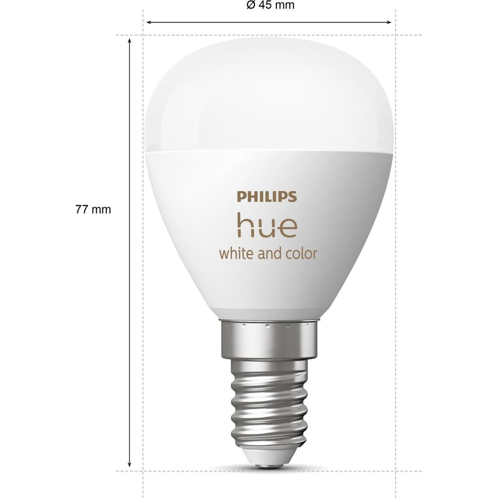 Biała żarówka Philips Hue, gwint E14, wymiary 77x45mm.