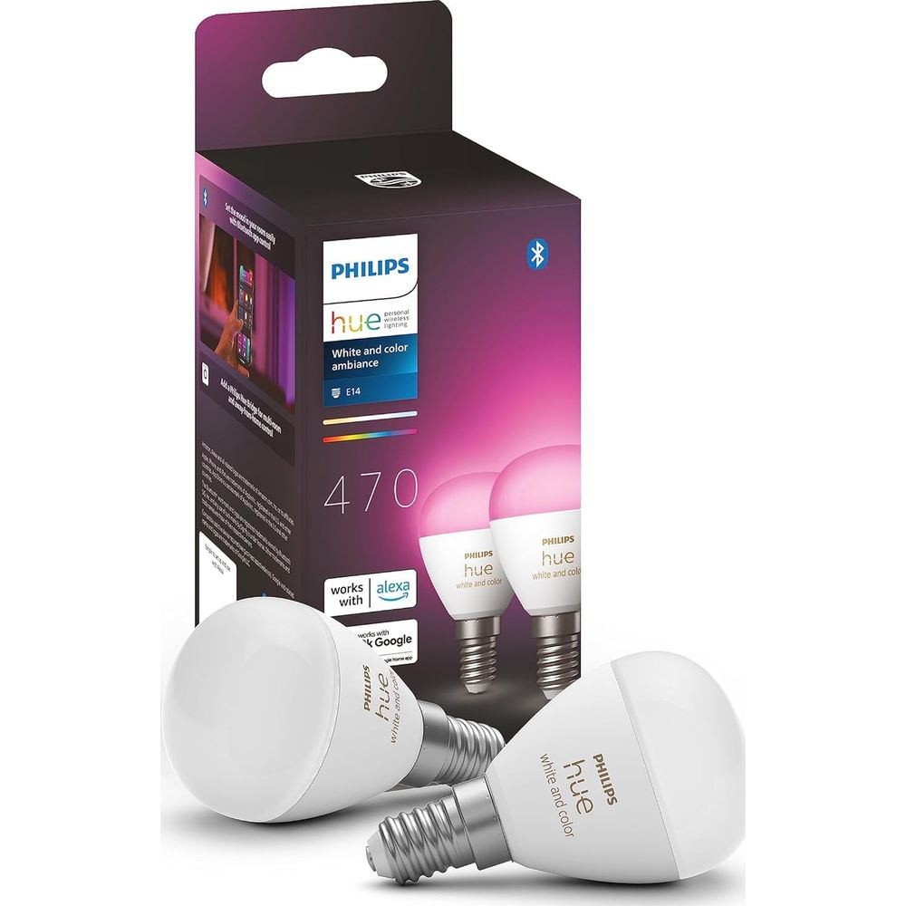 Żarówki Philips Hue E14 białe i kolorowe z opakowaniem. Dwie żarówki na pierwszym planie.