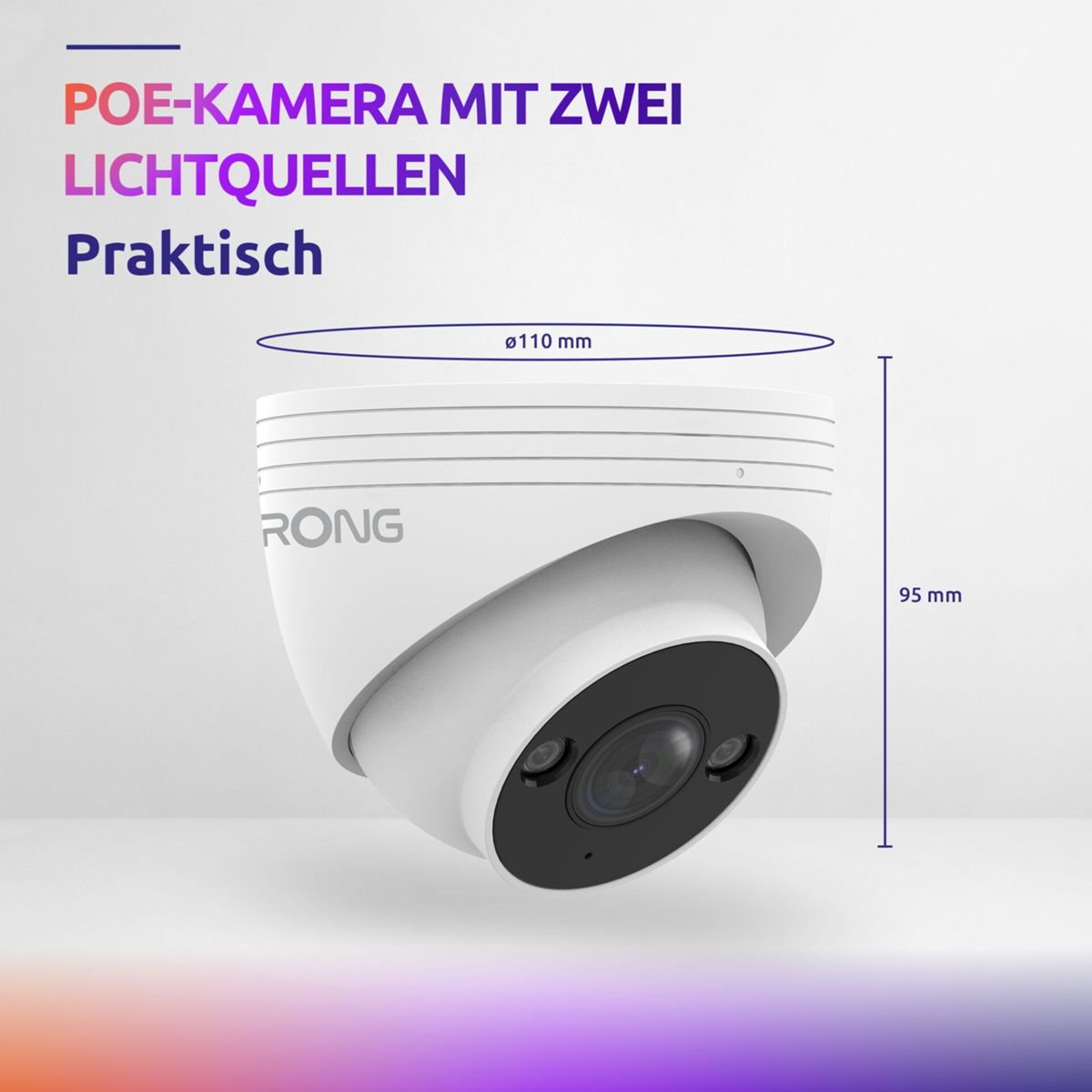 Weiße Überwachungskamera mit zwei Lichtern und Maßen.