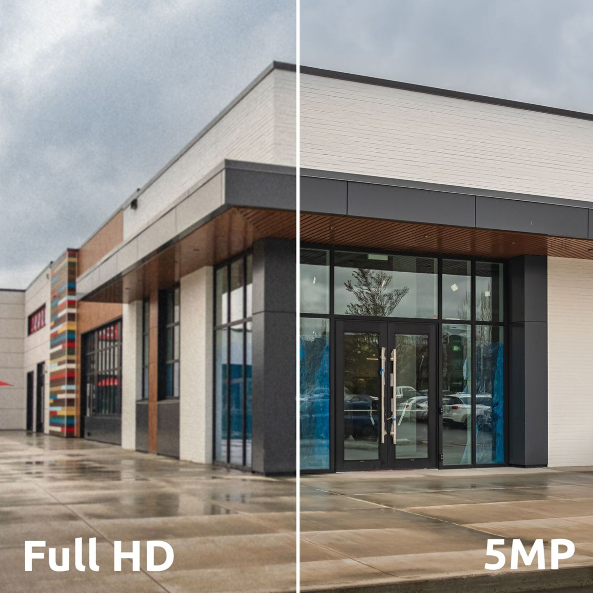 Gebäude mit Glasfront, links Full HD, rechts 5MP. Wolkiger Himmel.