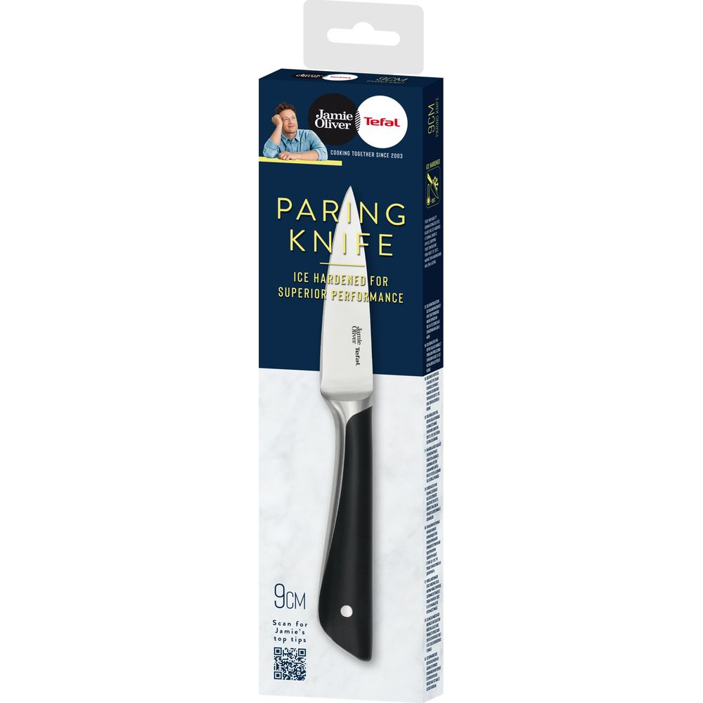 Jamie Oliver Tefal 9cm Schälmesser in dunkelblauer Verpackung mit Messerabb.