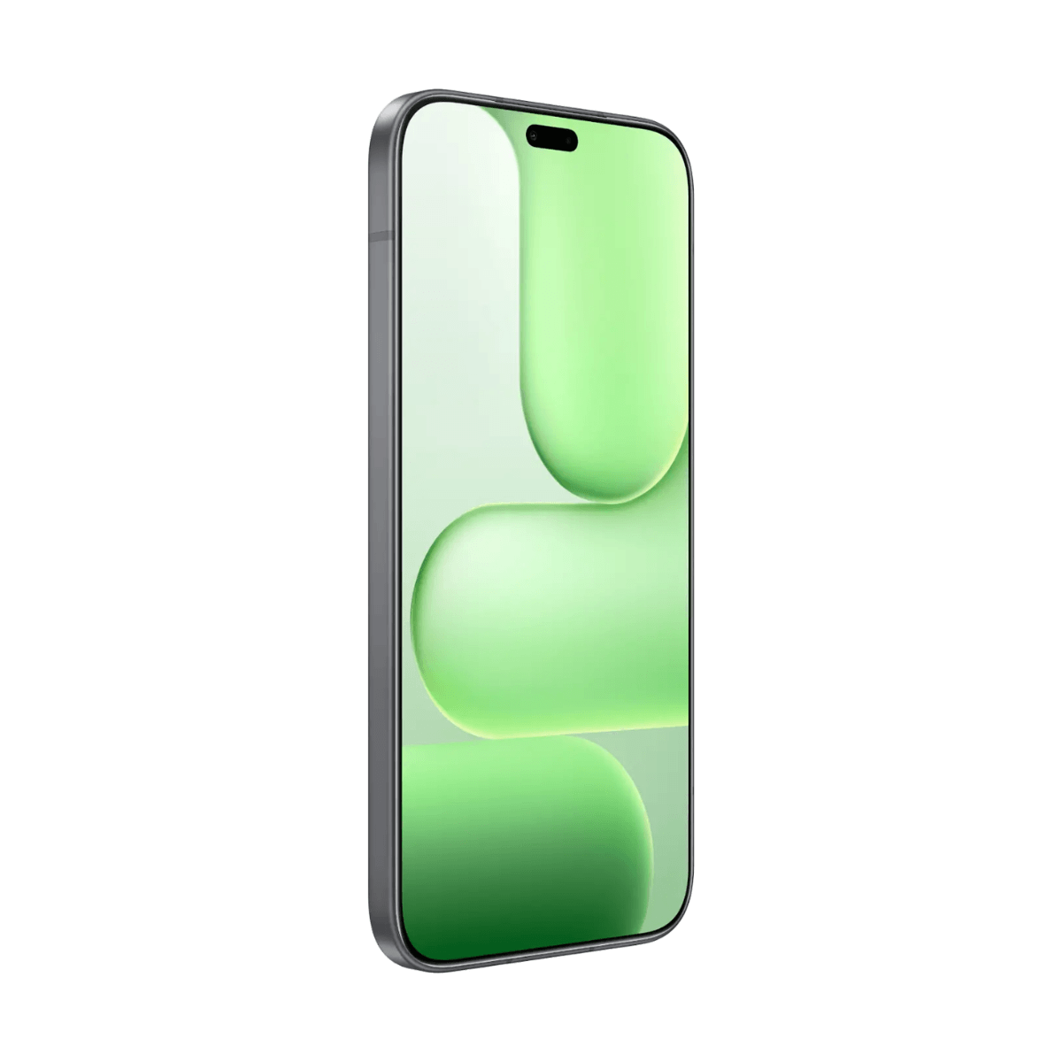 Pokazano ciemny smartfon z zielną abstrakcyjną tapetą.