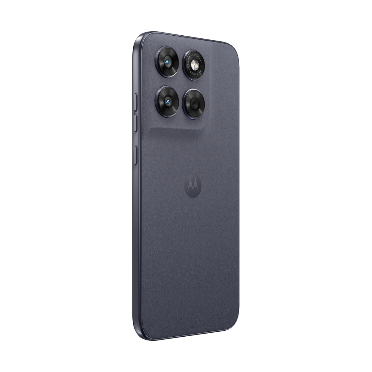 Ciemnoszary smartfon z czterema aparatami i logo Motoroli z tyłu.