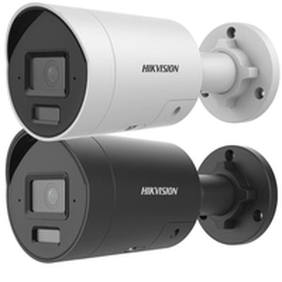 İki Hikvision güvenlik kamerası, biri beyaz diğeri siyahtır.