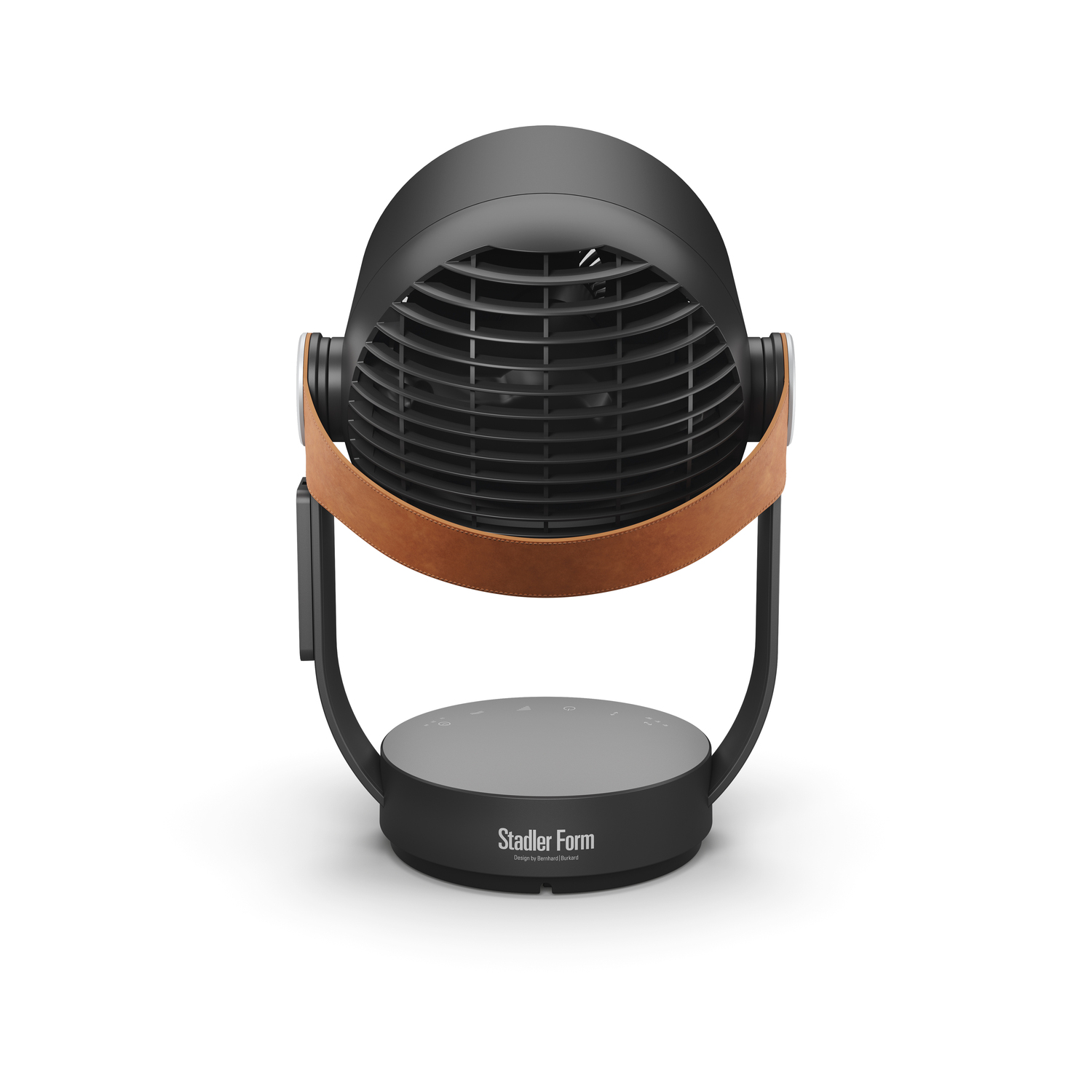 Un ventilateur noir avec une sangle en cuir marron et une base ronde.