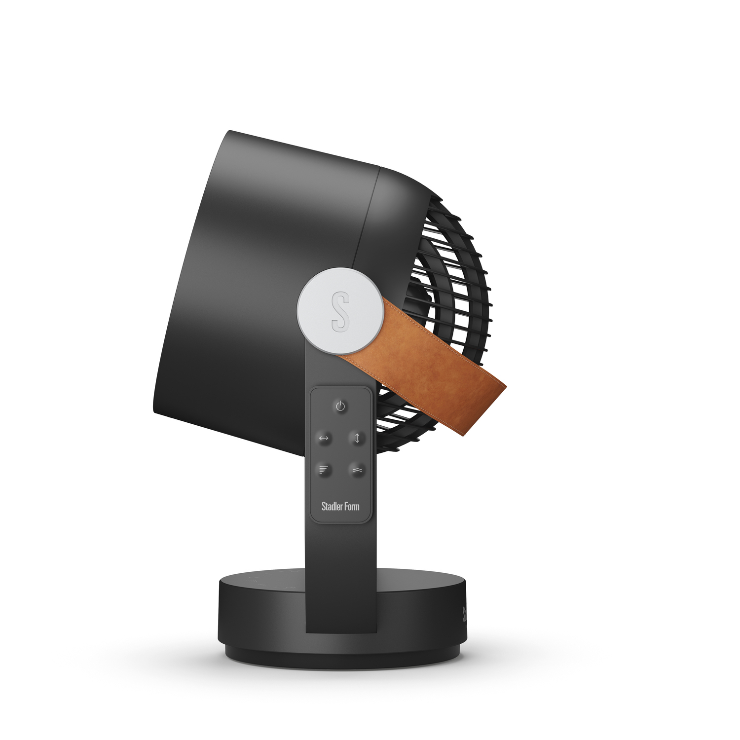 Ventilateur noir avec sangle en cuir et télécommande, isolé sur fond blanc.