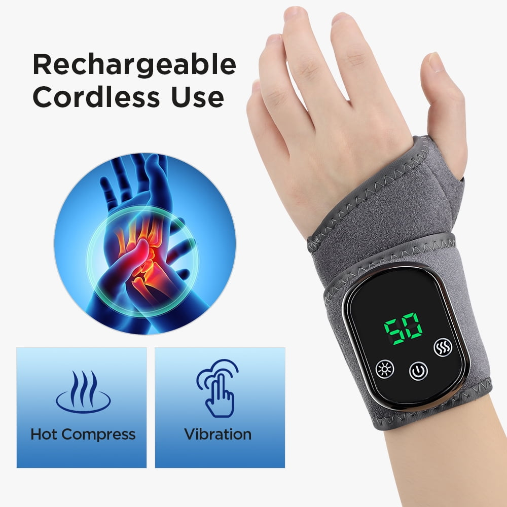 Grauer Handgelenk-Stütze mit digitaler Anzeige und Symbolen für Wärme und Vibration.