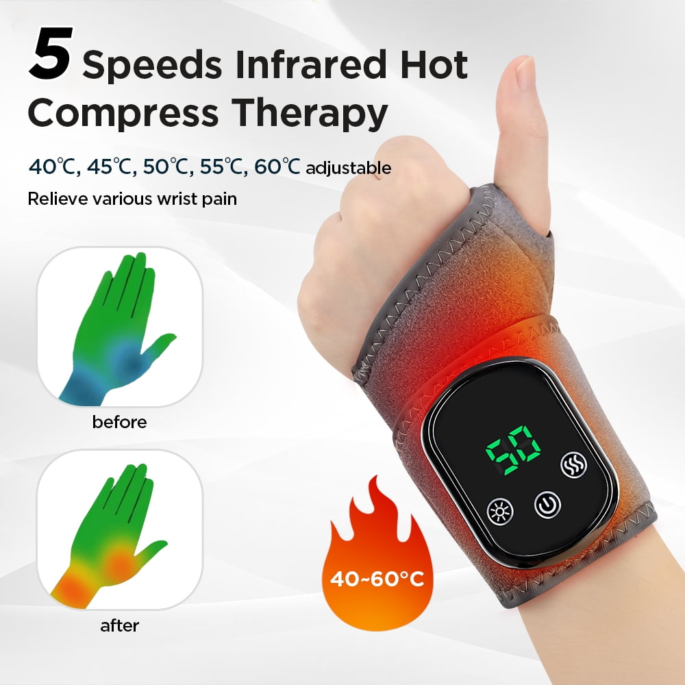 Handgelenkbandage mit Digitalanzeige (50°C). Bilder zeigen 'vorher' und 'nachher' Wärmetherapie.