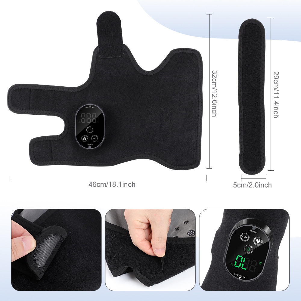 Schwarze Kniebandage mit digitalen Bedienelementen und Maßen.