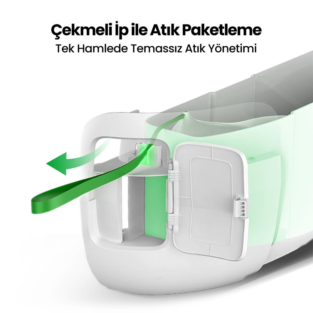 Un nastro verde passa attraverso un cestino bianco con una porta aperta.